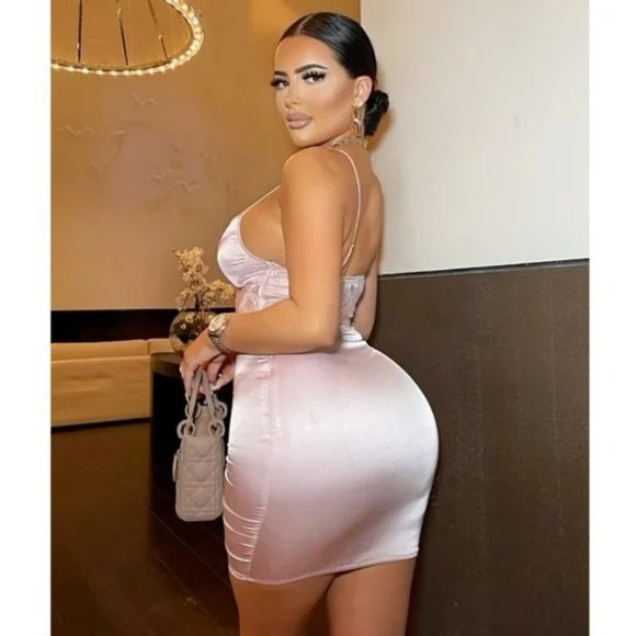 Pink Satin Silk Lace Sleeveless Bustier Bodycon Mini Dress - Picture 15 of 17